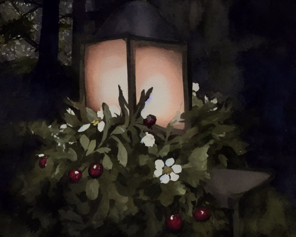 Watercolor painting: Glowing lantern in foliage with red berries and white flowers