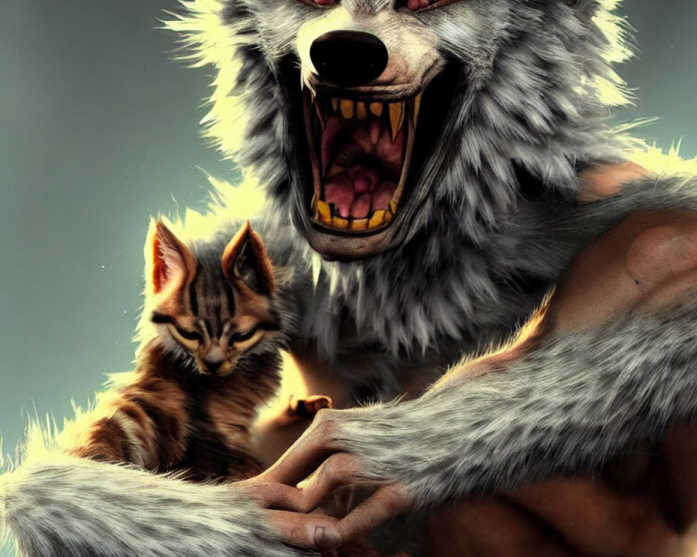 Werewolf holding a small kitten with glowing yellow eyes