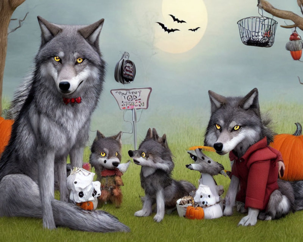 Anthropomorphic wolf family in Halloween costumes with pumpkins, full moon, and bats