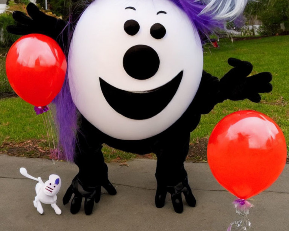 Smiling mascot in white costume holding red balloons