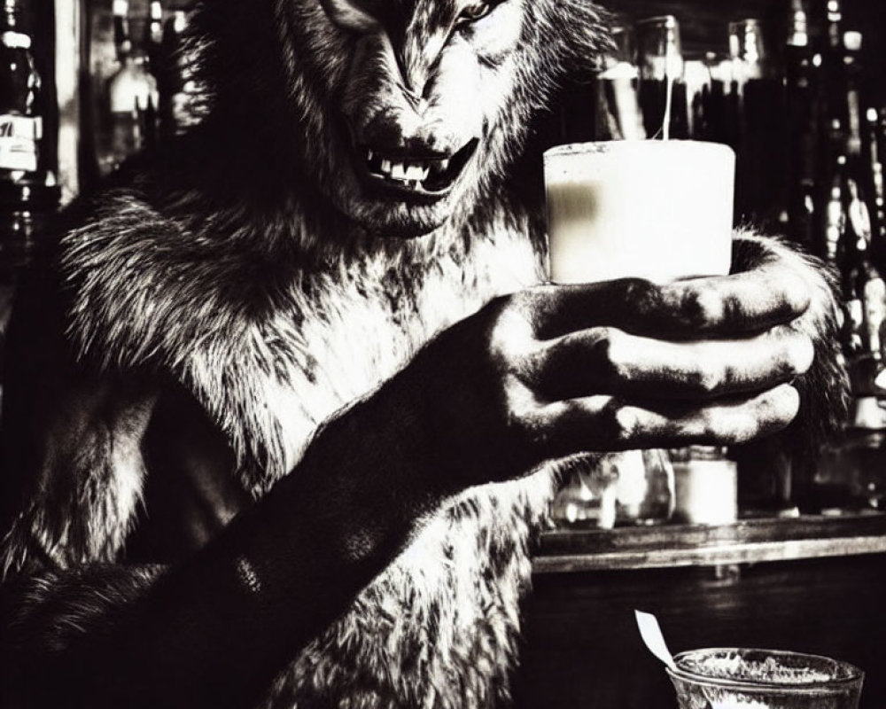 Monochrome werewolf creature with drink in bar setting