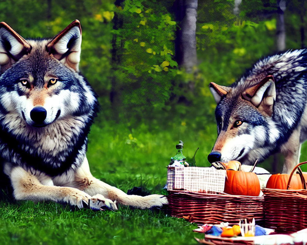 Vibrant fur wolves near picnic basket in lush forest