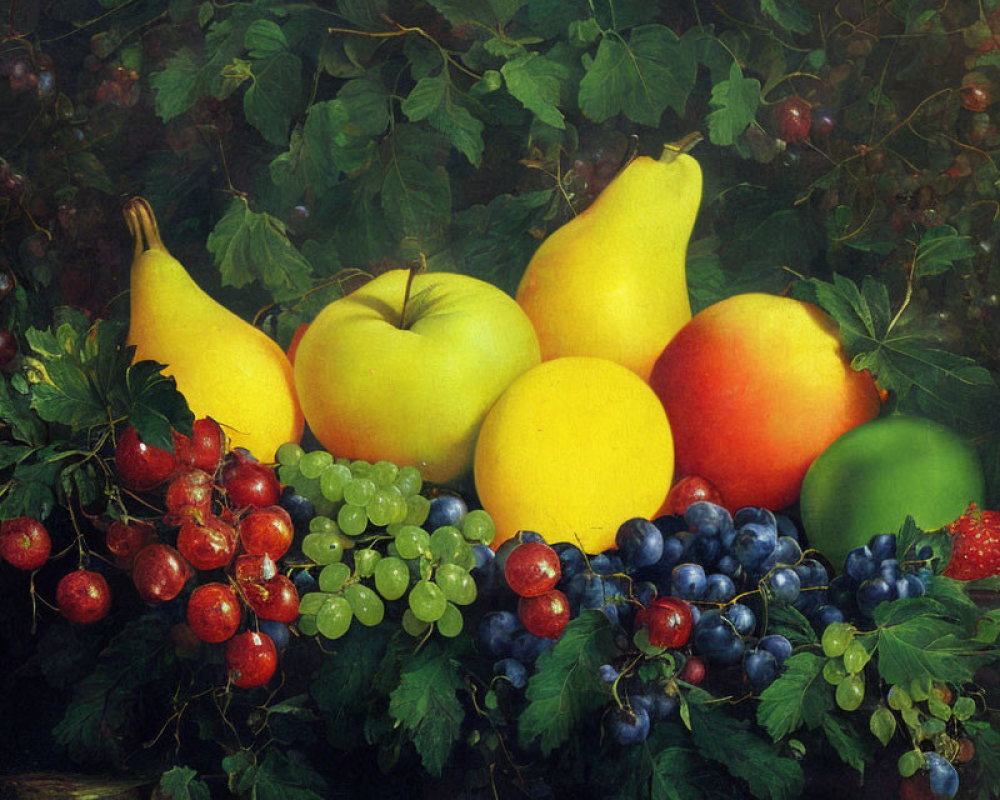 Ripe fruit still life painting with dark foliage