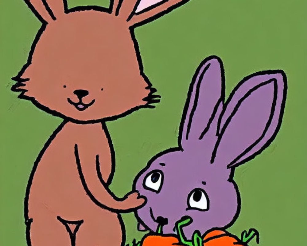 Brown and purple animated bunnies with carrots on green background