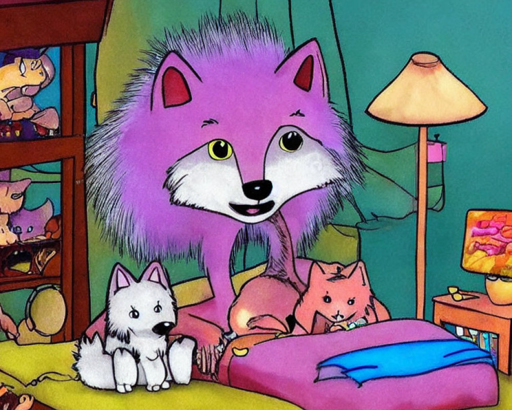 Colorful Room with Large Purple Wolf, White Wolf, and Pink Cat