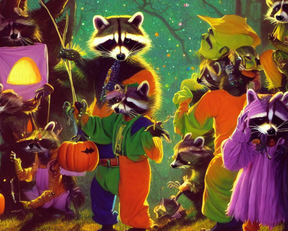 Colorful Halloween celebration with raccoons in vibrant forest costume party