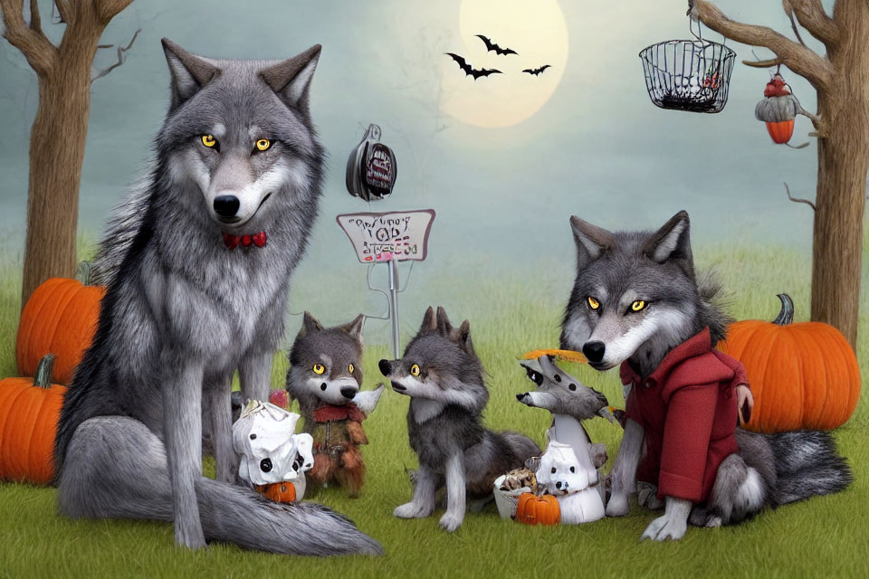 Anthropomorphic wolf family in Halloween costumes with pumpkins, full moon, and bats