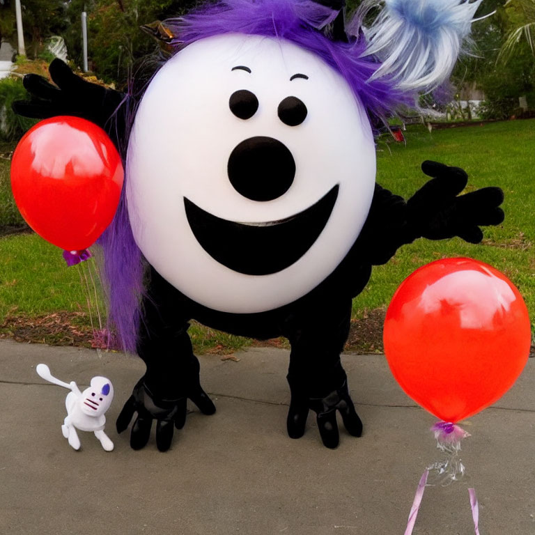 Smiling mascot in white costume holding red balloons