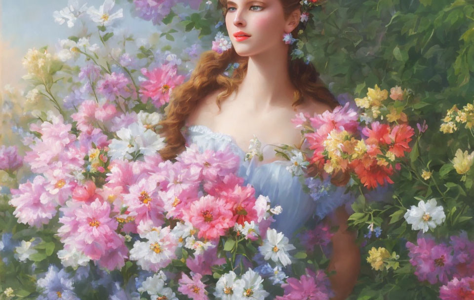 Woman in Blue Dress Surrounded by Vibrant Garden Flowers