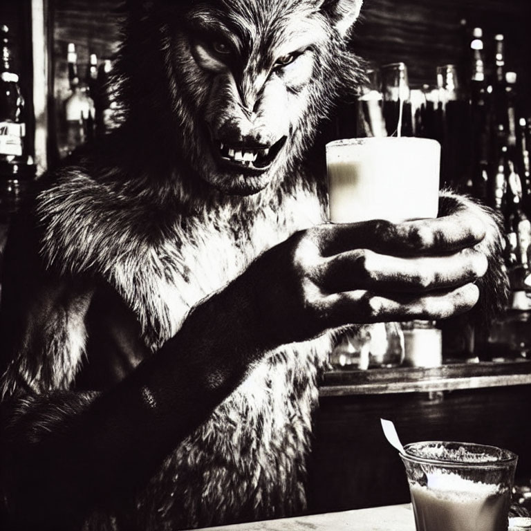 Monochrome werewolf creature with drink in bar setting