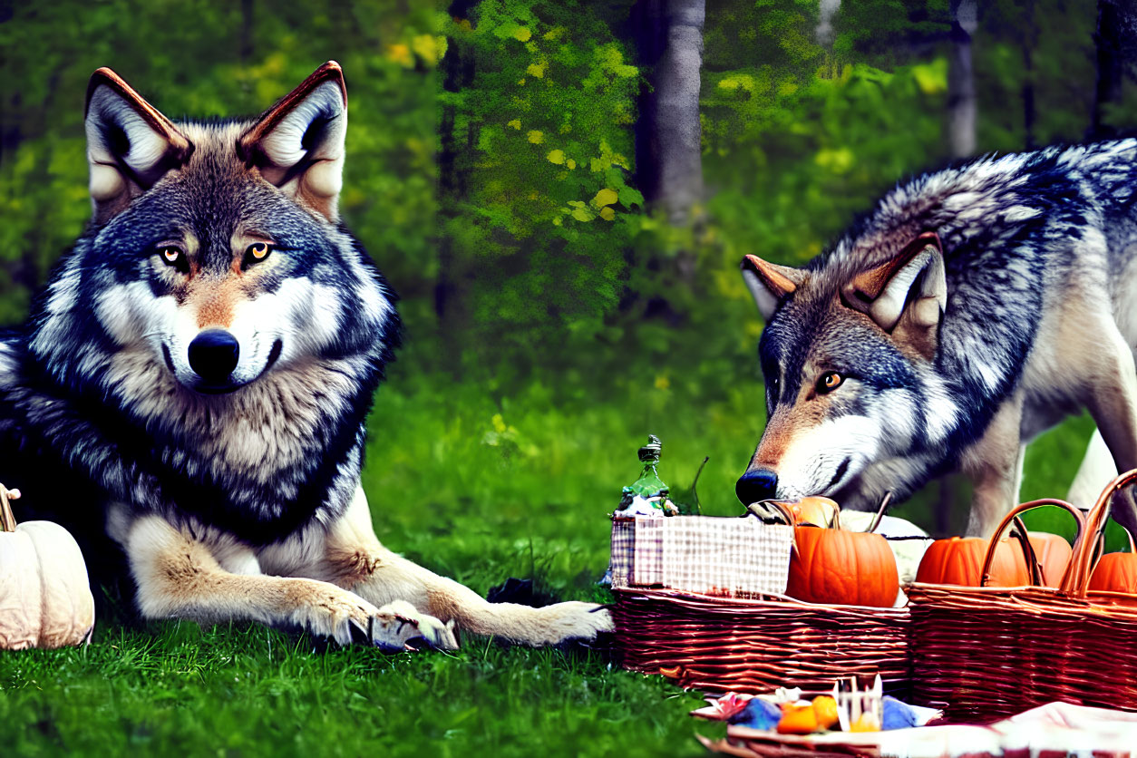 Vibrant fur wolves near picnic basket in lush forest