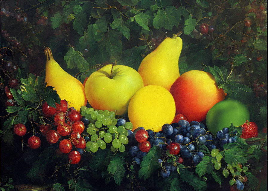 Ripe fruit still life painting with dark foliage