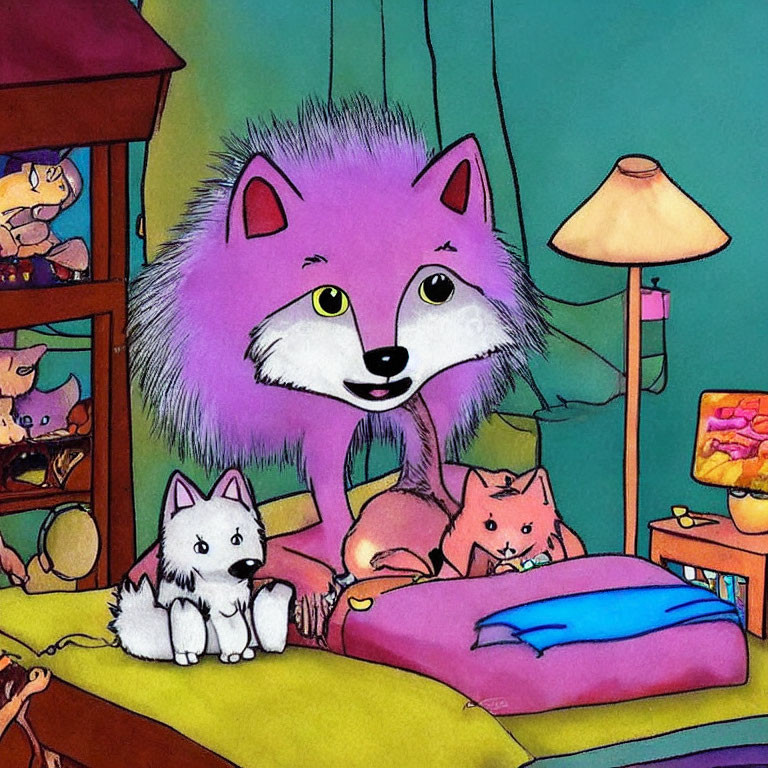 Colorful Room with Large Purple Wolf, White Wolf, and Pink Cat