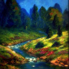 Tranquil landscape painting of stream, flora, and forest