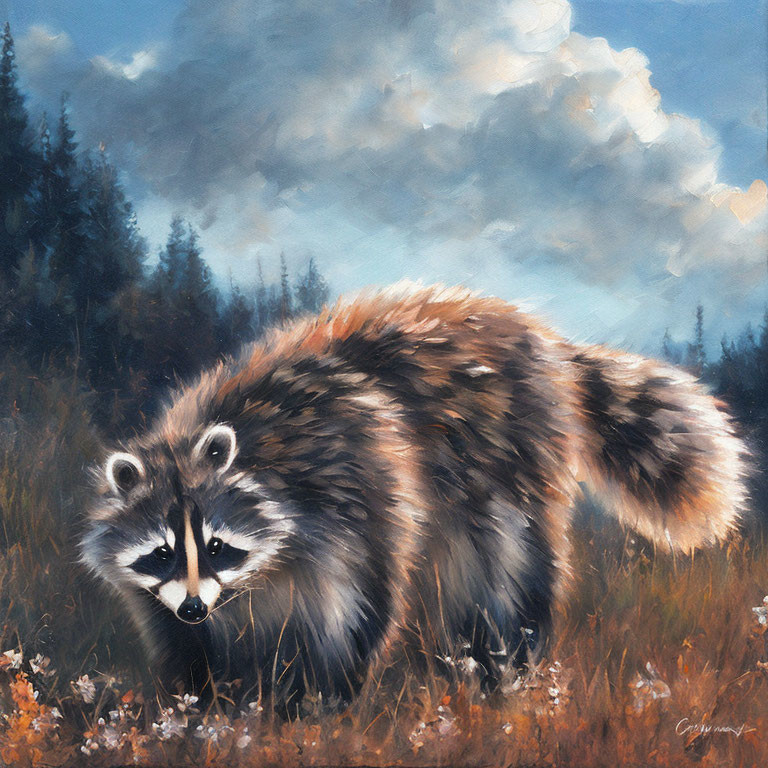 Fluffy raccoon in grassy field with white flowers and darkening skies