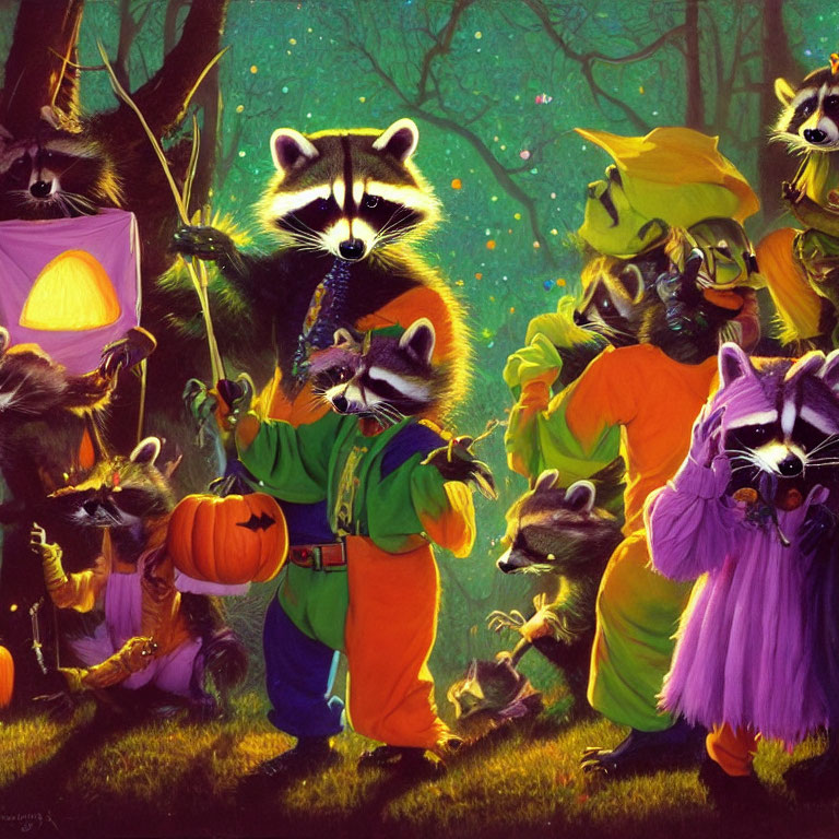 Colorful Halloween celebration with raccoons in vibrant forest costume party