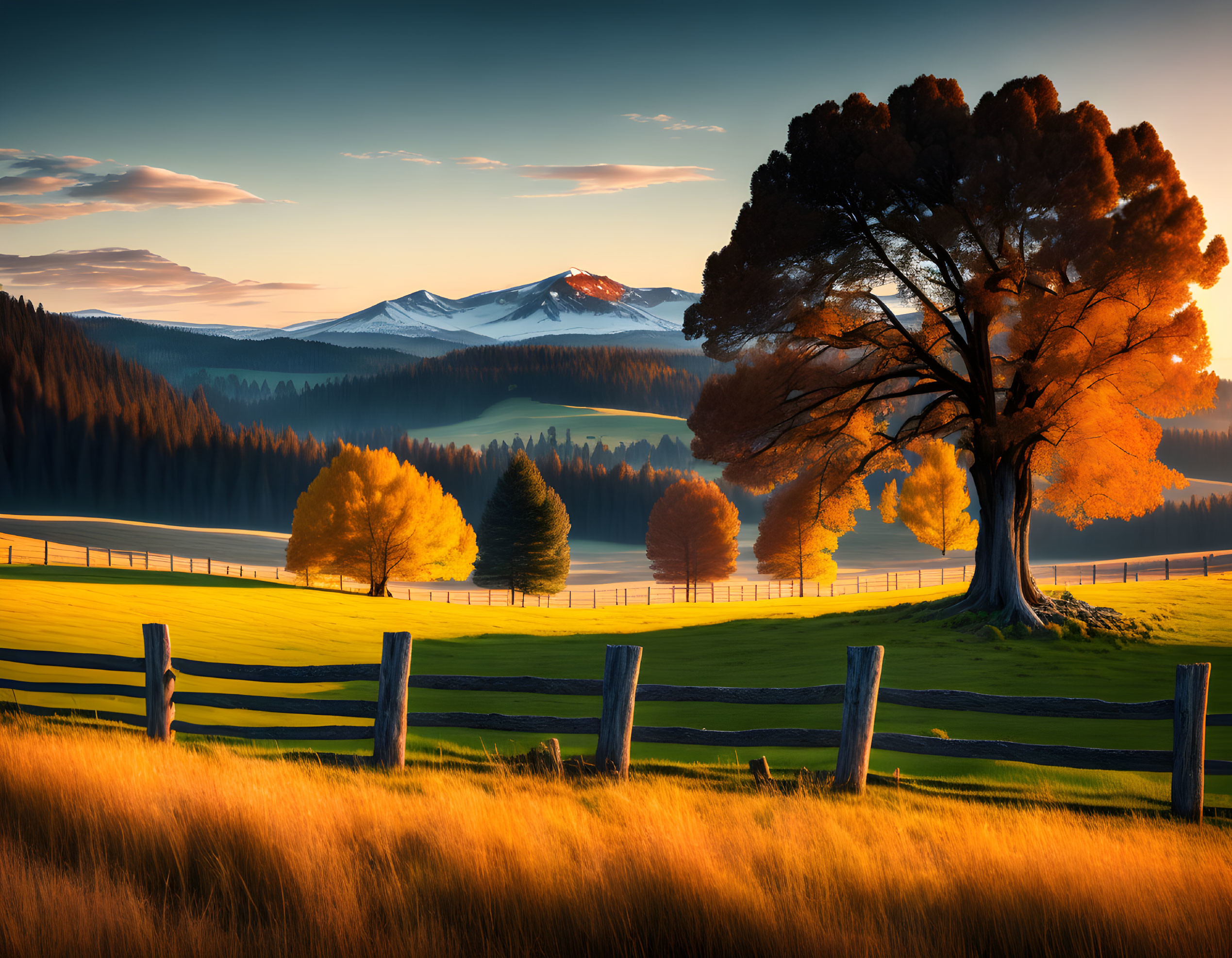 Tranquil sunset landscape with autumn tree, wooden fence, hills, and mountains