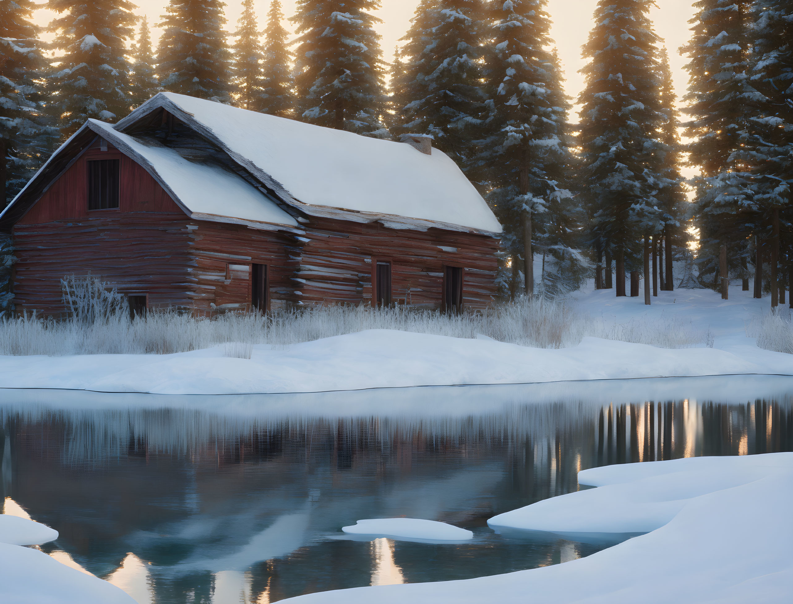 Snow-covered log cabin in serene winter landscape