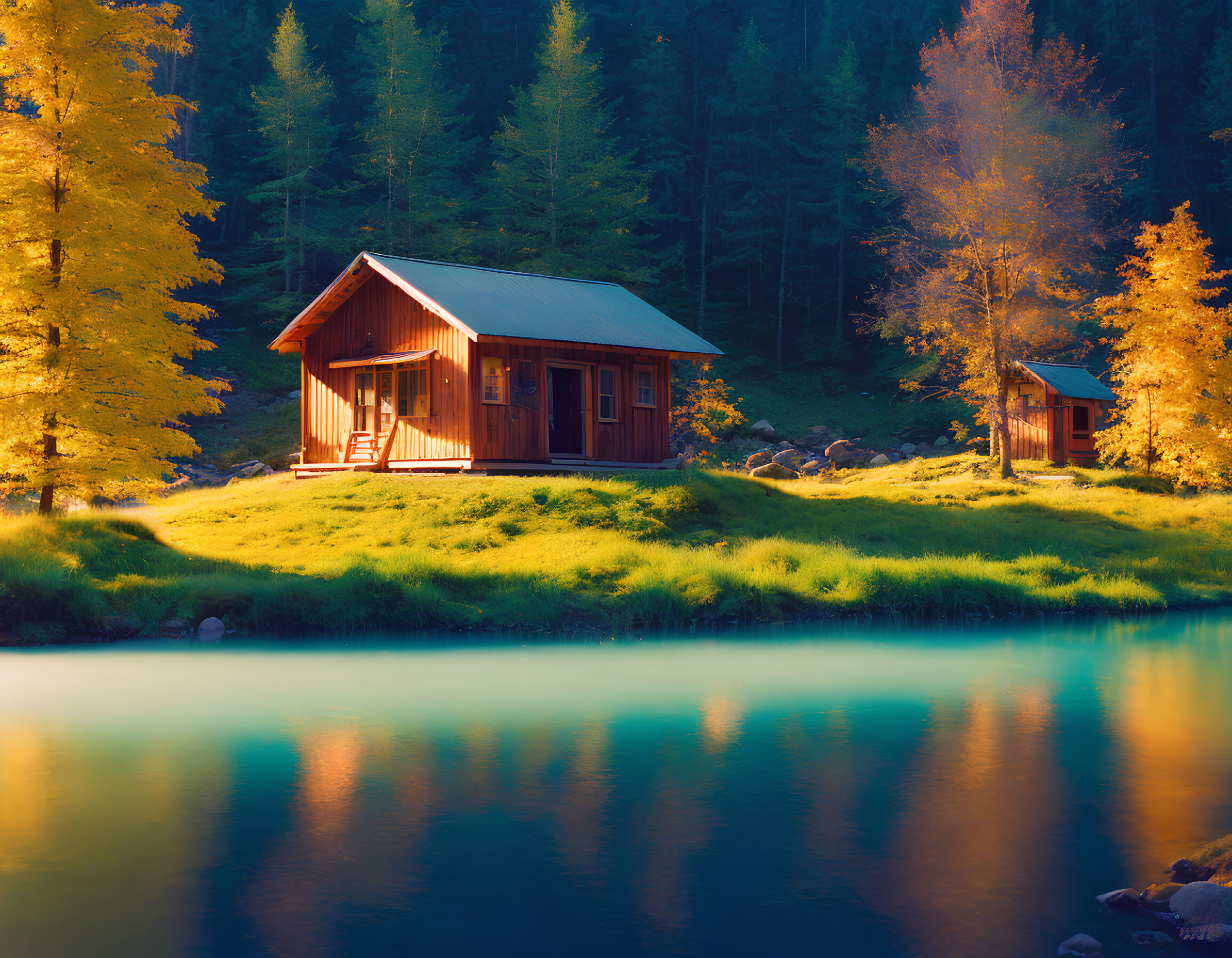 Tranquil Cabin by Autumn Lake and Sunlit Trees