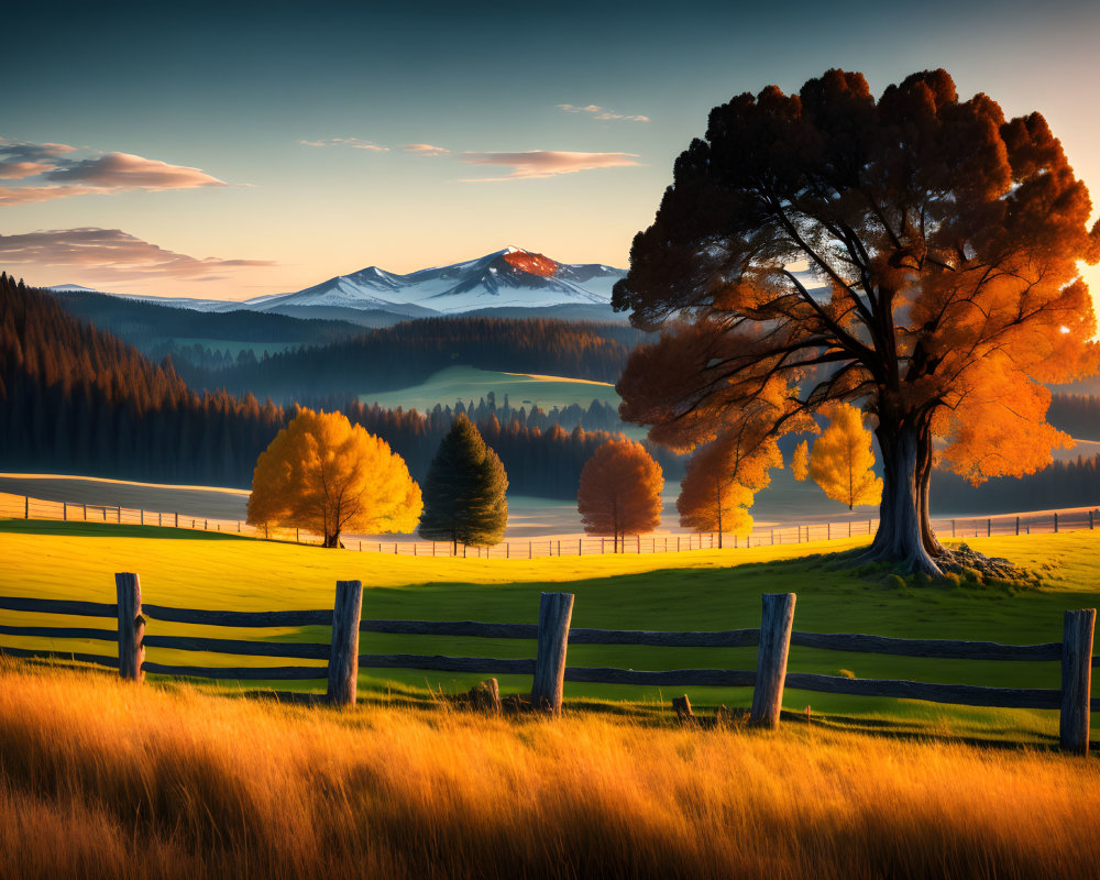 Tranquil sunset landscape with autumn tree, wooden fence, hills, and mountains