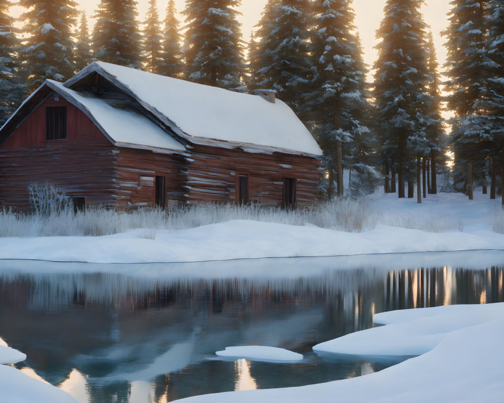 Snow-covered log cabin in serene winter landscape