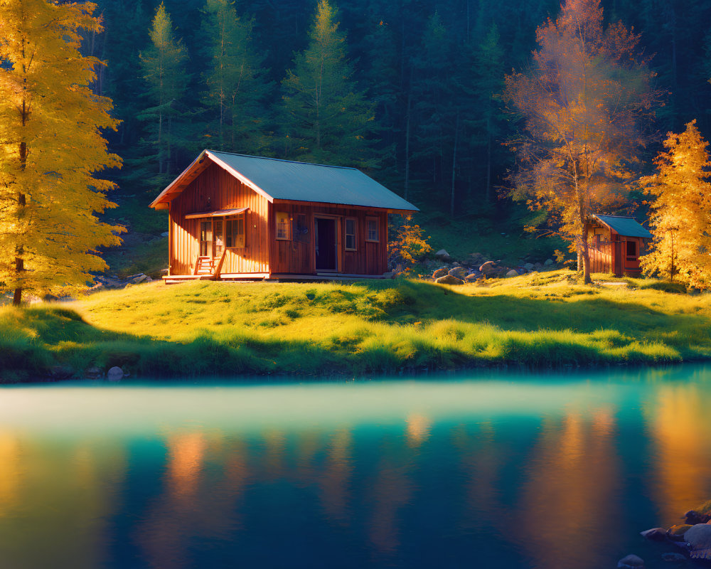 Tranquil Cabin by Autumn Lake and Sunlit Trees