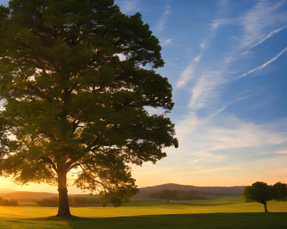 Majestic tree in serene meadow at sunrise with glowing sky