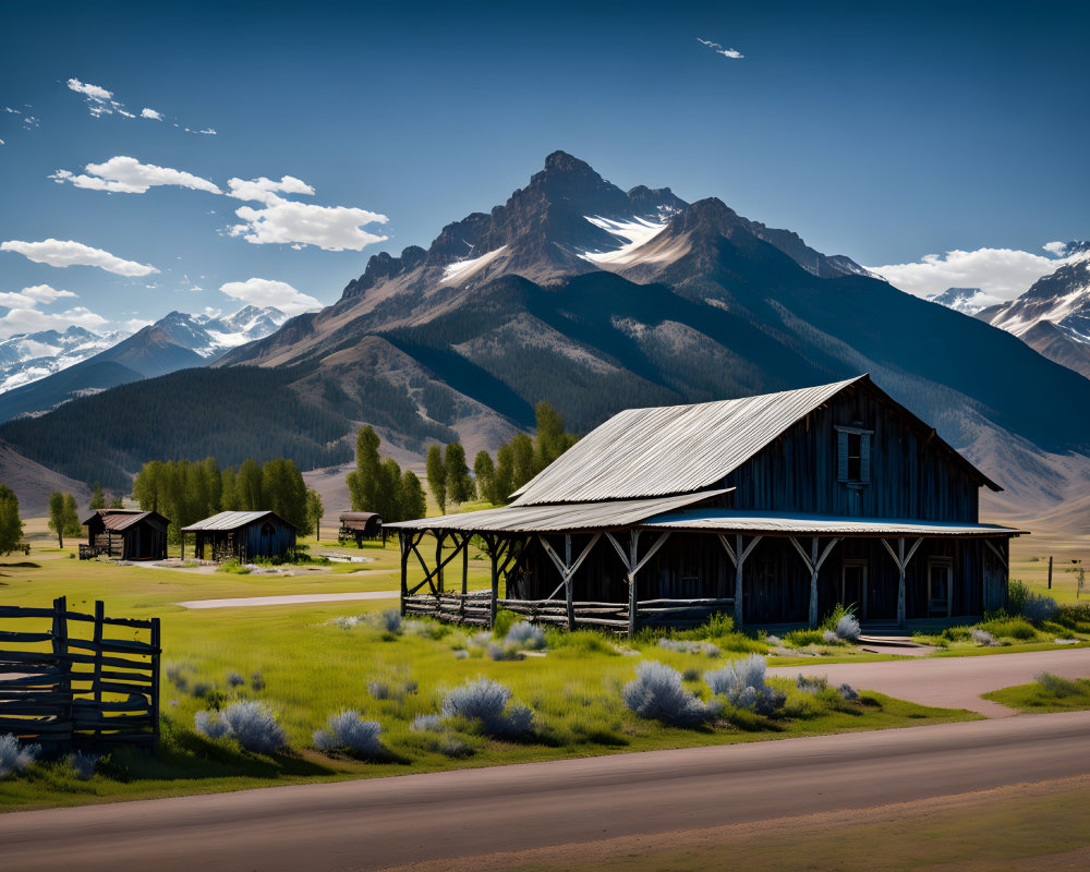 Rustic barn in serene meadow with wildflowers and mountains