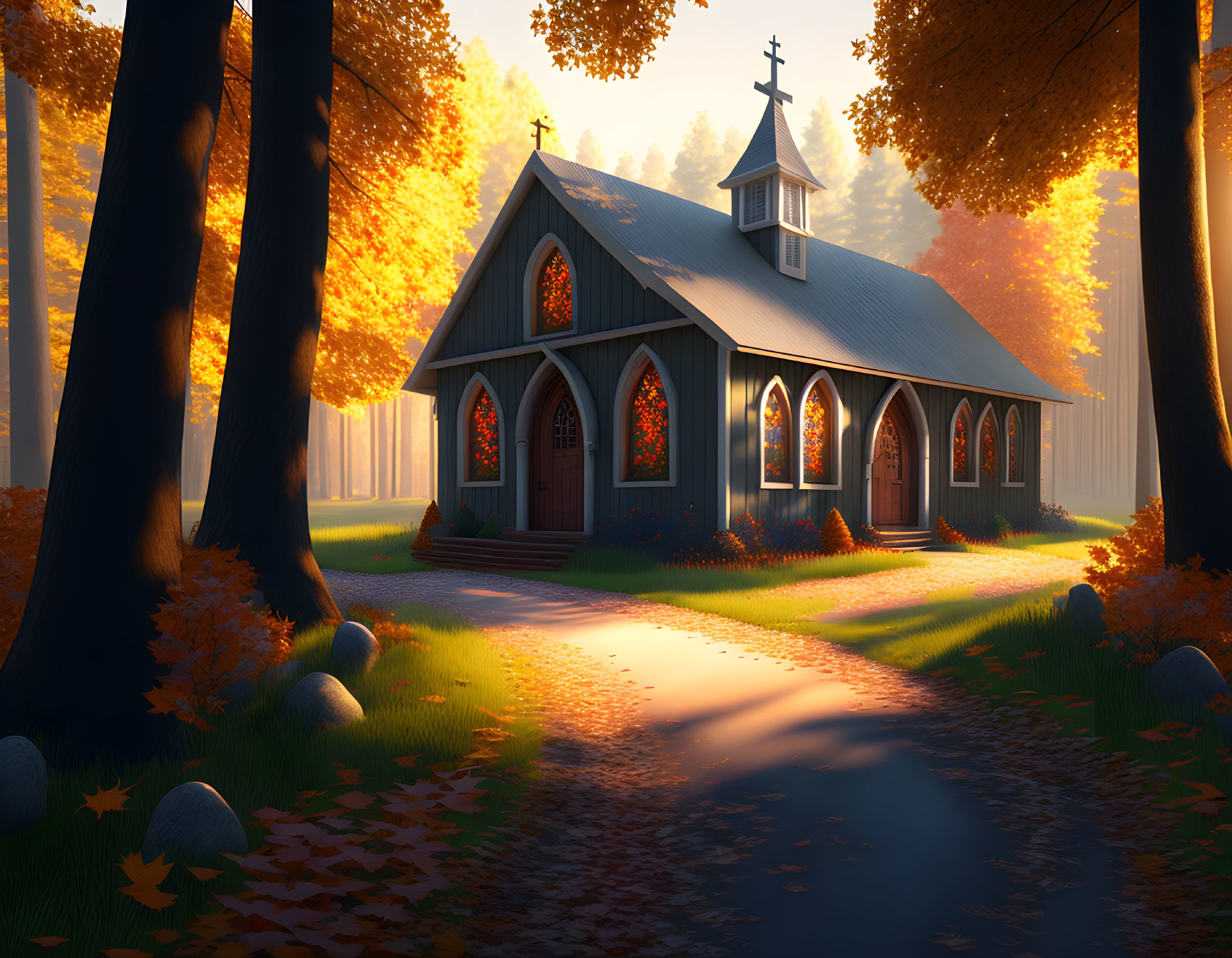 Autumnal woodland church scene with golden leaves and warm light