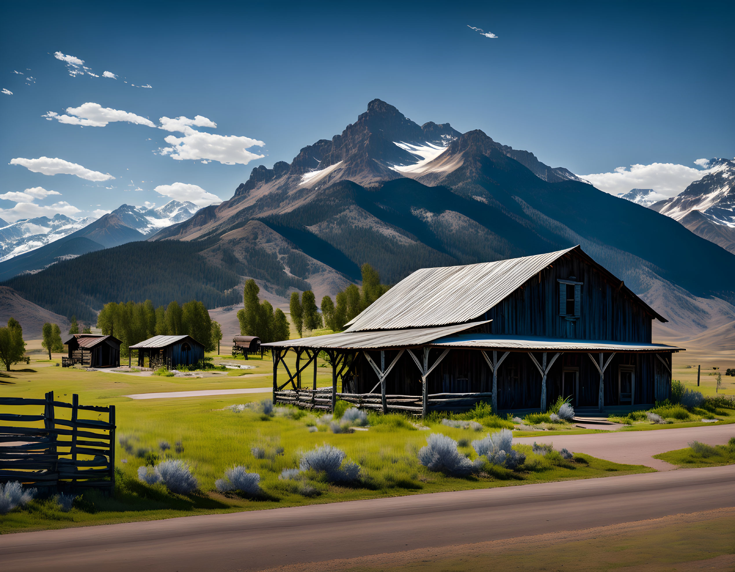 Rustic barn in serene meadow with wildflowers and mountains