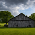 Rustic wooden barn in serene natural setting with soft sunlight.