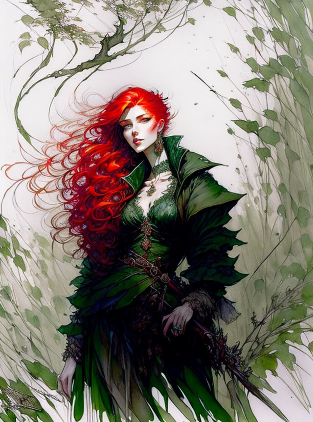 Fantasy character with red hair and green attire in plant-themed illustration