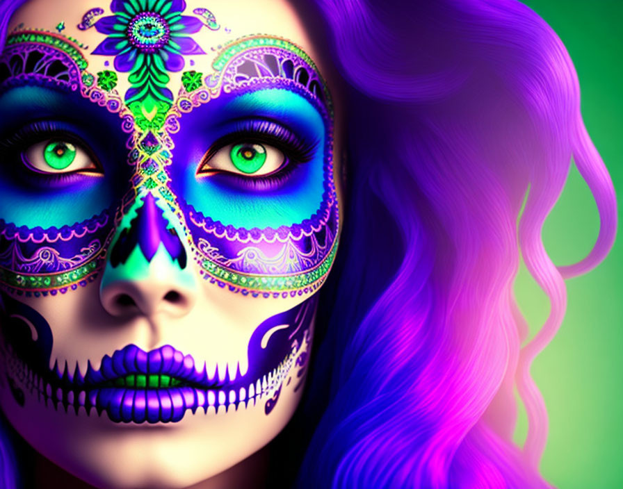 Vibrant Sugar Skull Makeup and Purple Hair for Day of the Dead