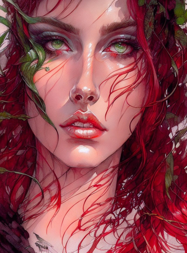 Digital portrait of woman with green eyes, red curly hair, and fair skin glowing.