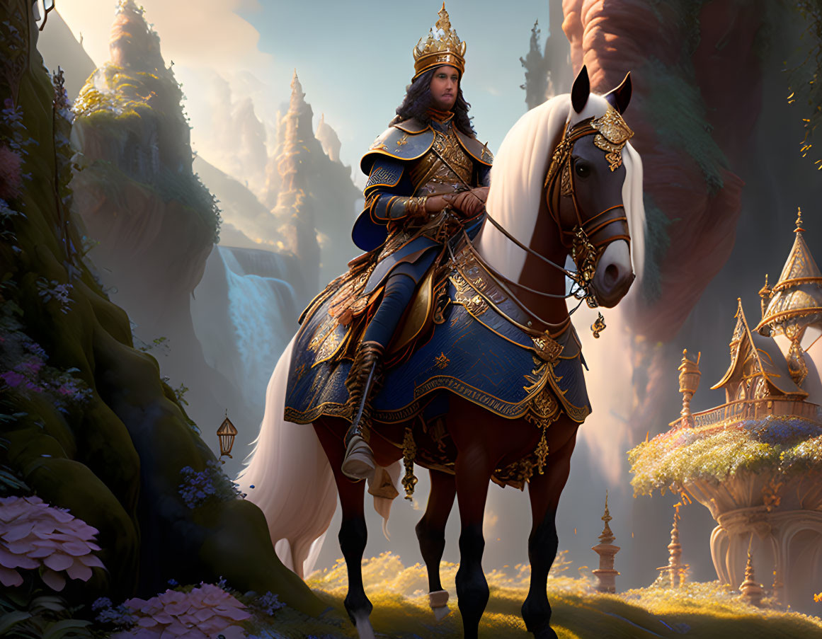 Regal rider in ornate armor on white horse in fairytale landscape