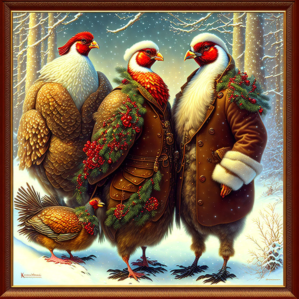 Anthropomorphic pheasants in winter attire with snowy forest backdrop.