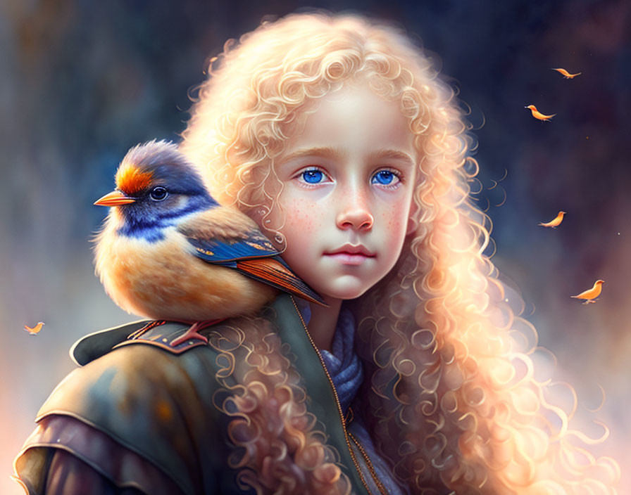 Blonde girl with blue eyes and bird in colorful autumn scene