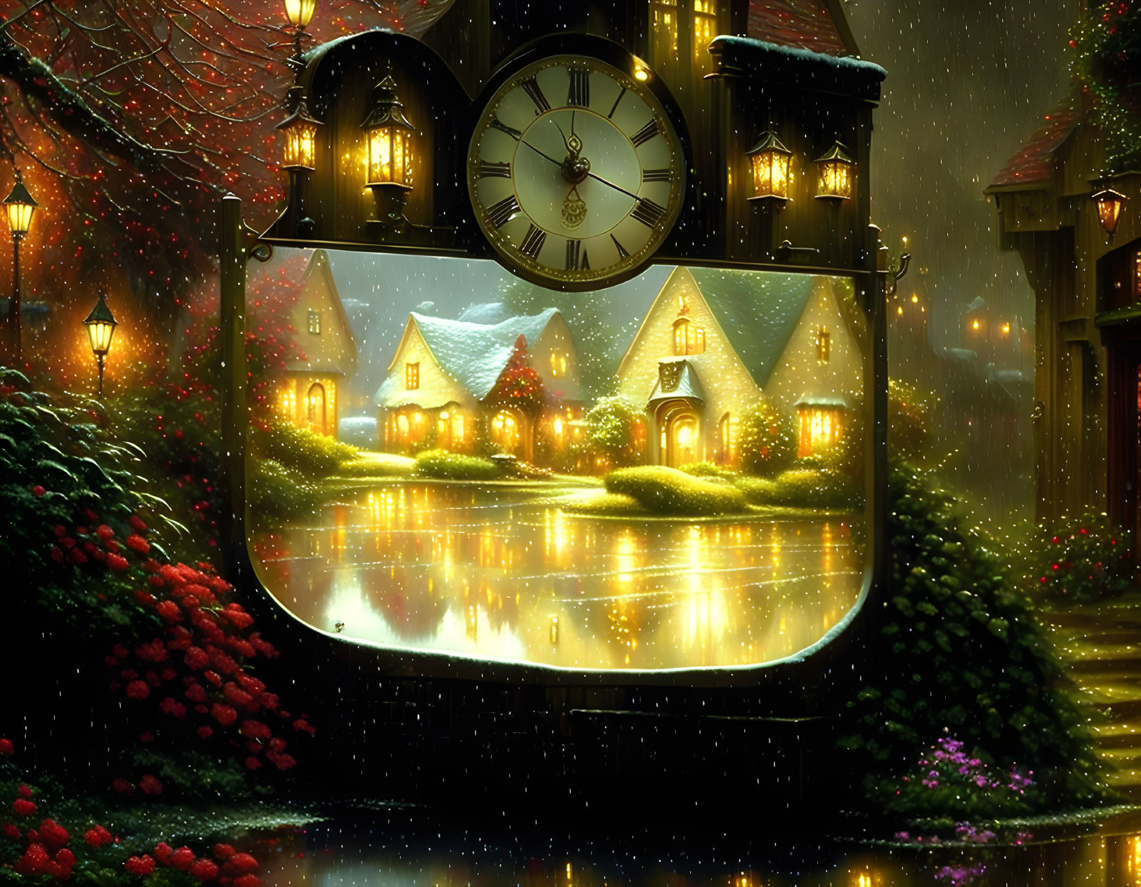 Tranquil winter village scene with festive street clock