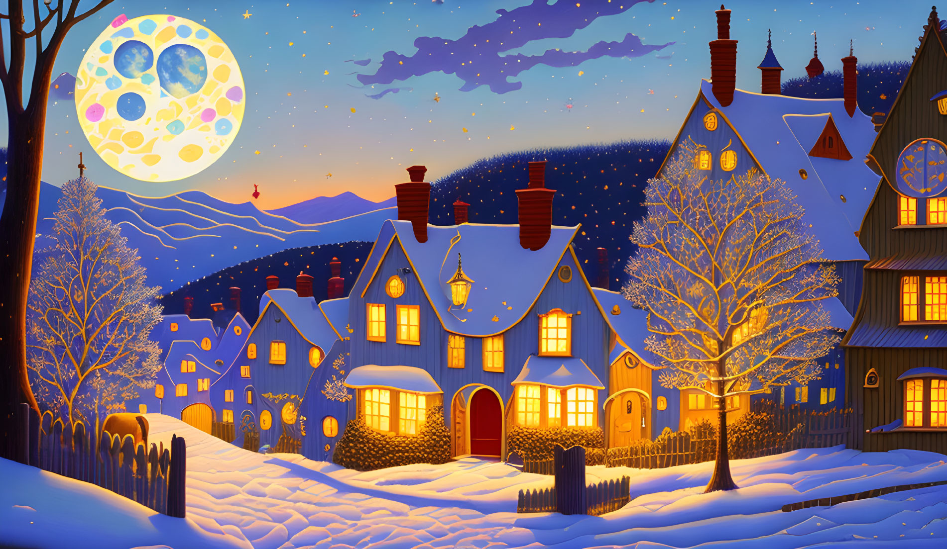 Snow-covered houses under vibrant moon in serene village