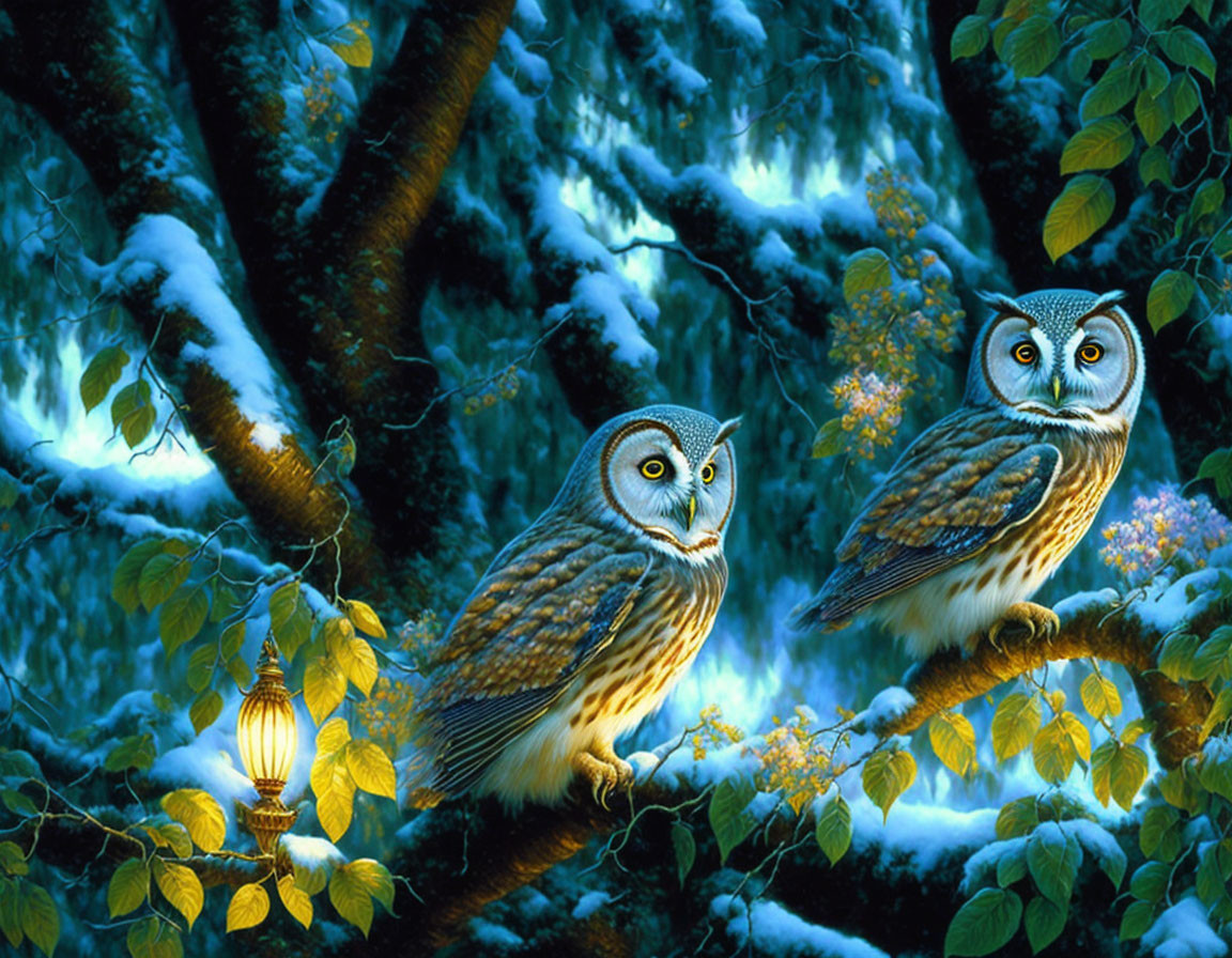 Two owls on snowy branch with lantern in moonlit forest