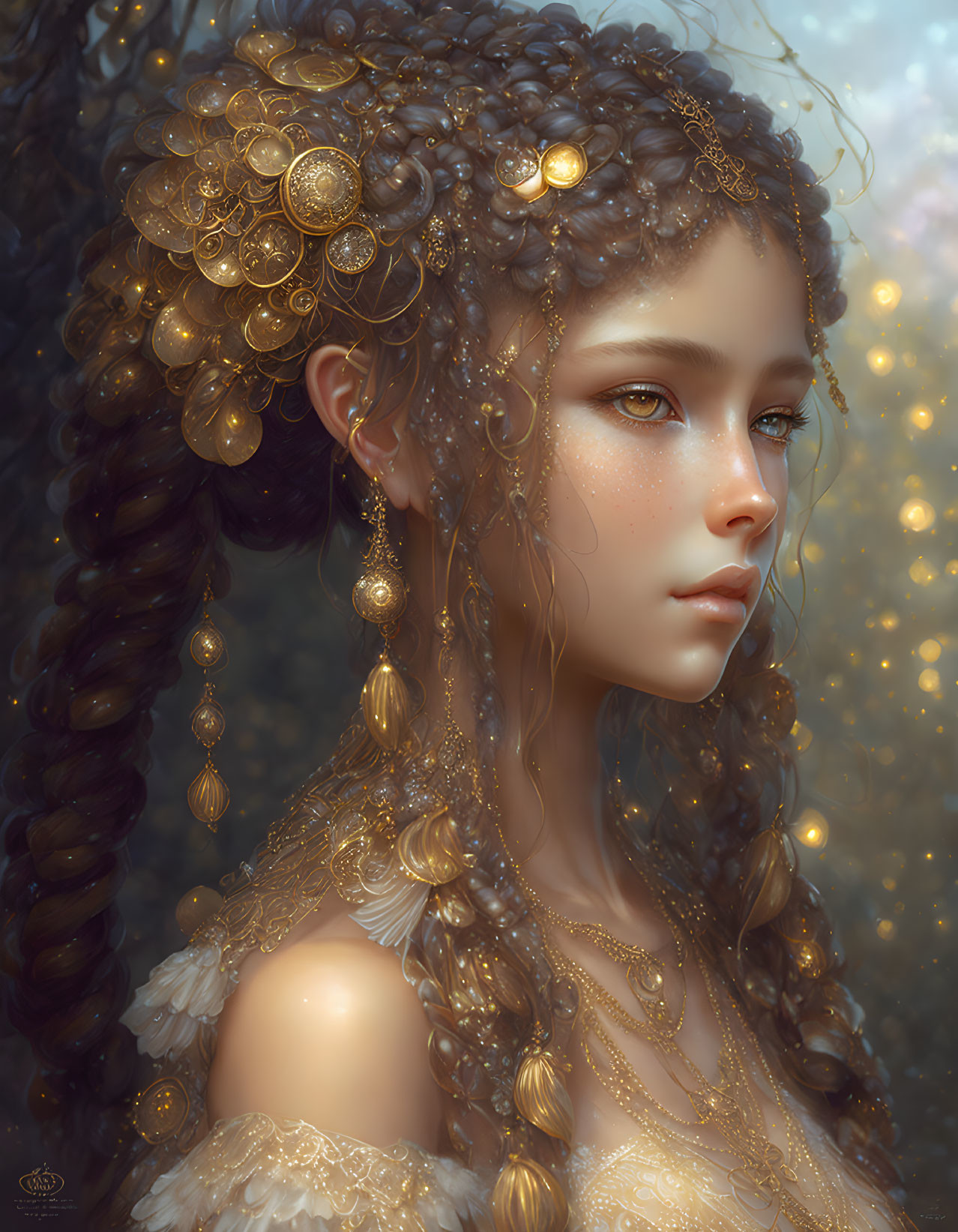 Ethereal woman with golden jewelry in soft, glowing setting