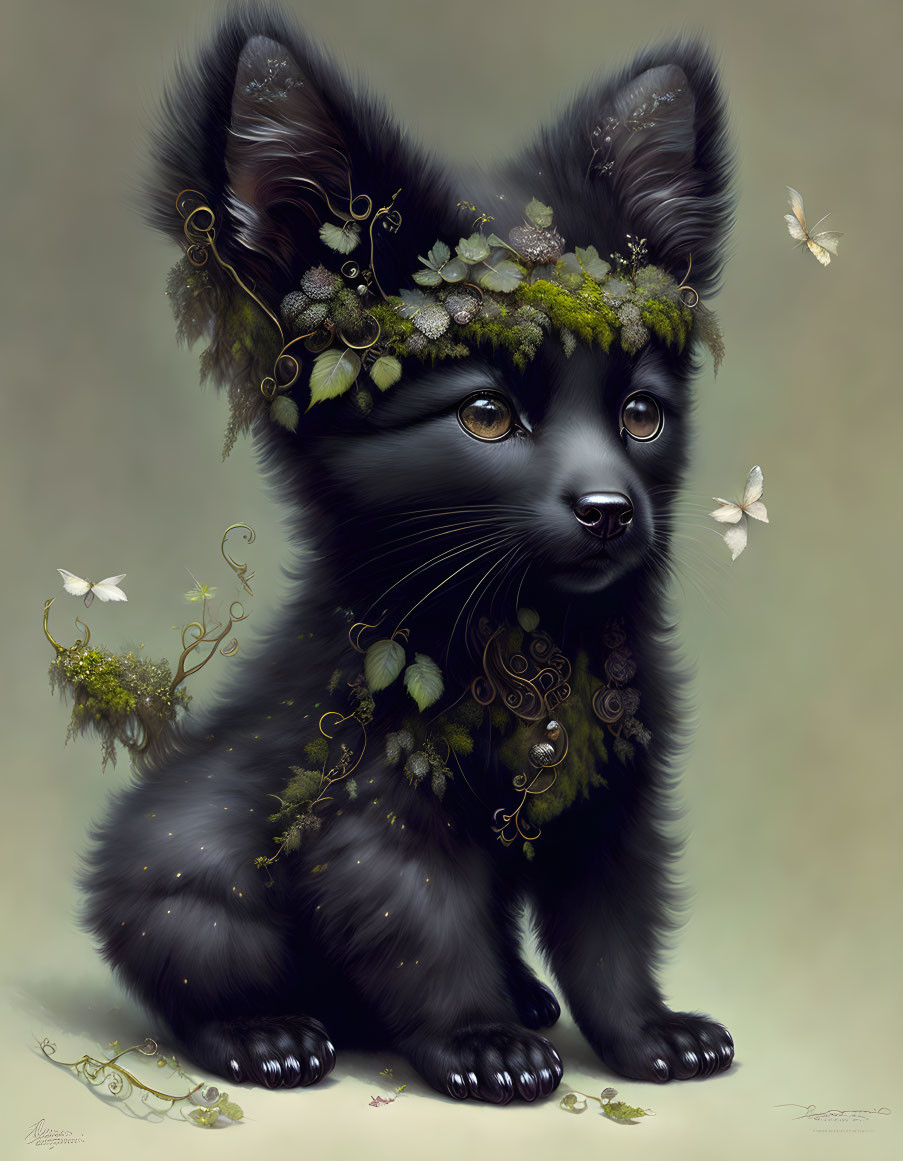 Whimsical black kitten with sparkling eyes and leaf crown, surrounded by butterflies