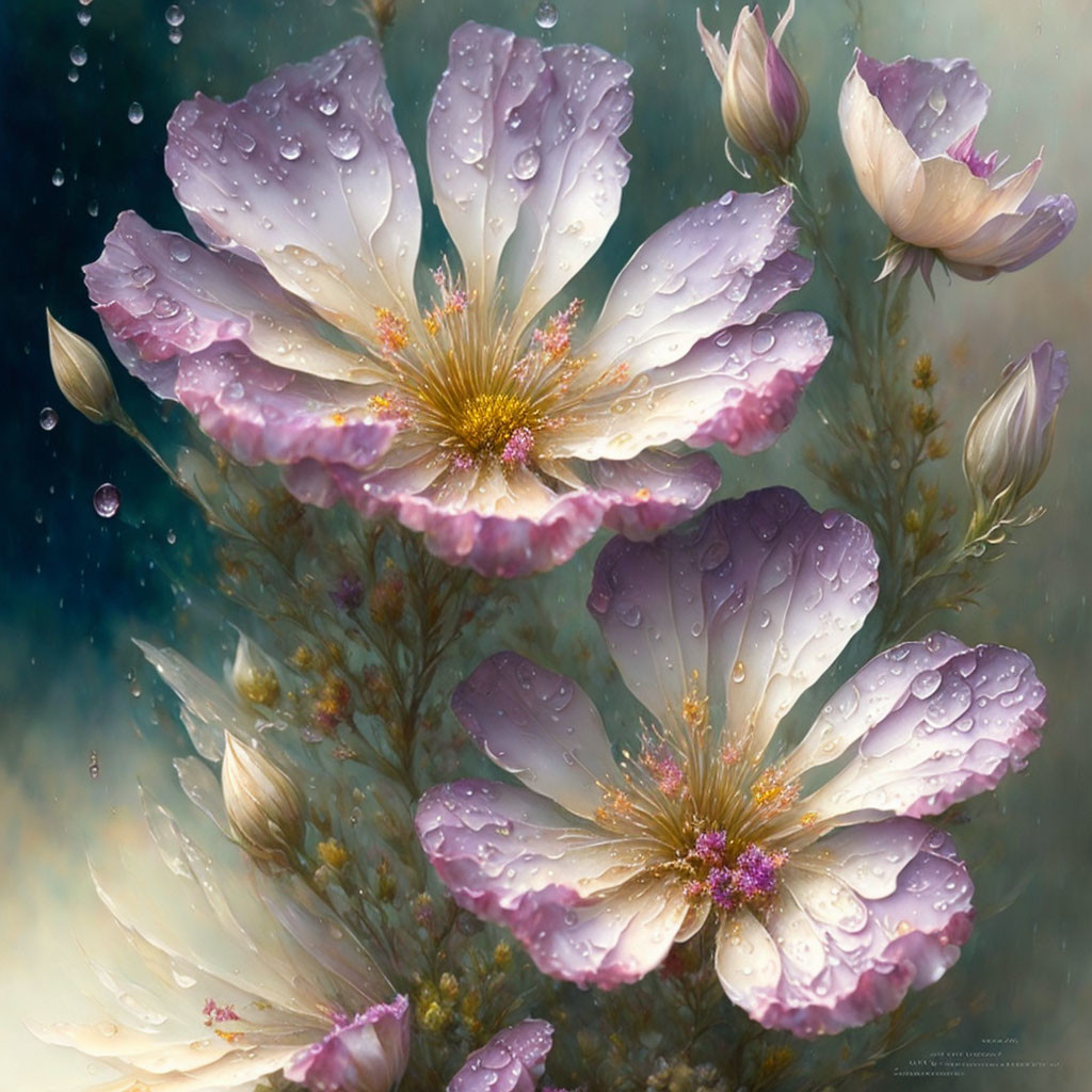 Soft focus pale purple flowers with water droplets on petals in dreamy setting