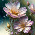 Soft focus pale purple flowers with water droplets on petals in dreamy setting