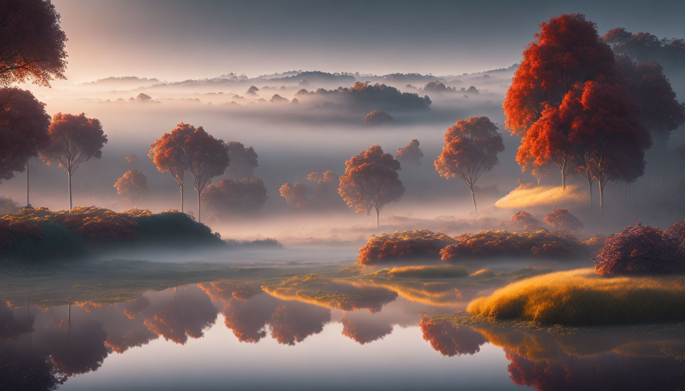 Autumn sunrise: Misty landscape with orange trees and rolling hills reflected in calm water