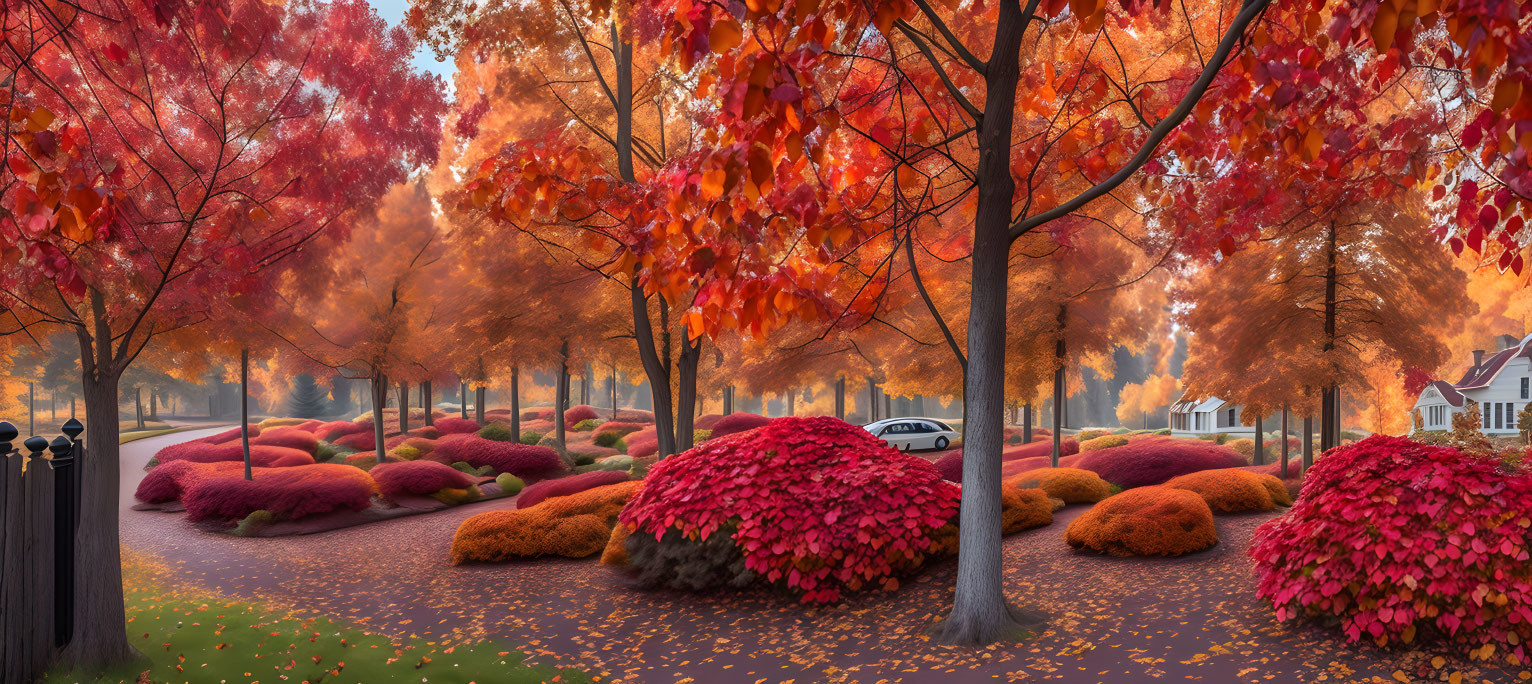 Vibrant autumn suburban scene with red and orange foliage, leaf-strewn street, and white