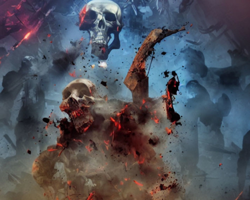 Skulls among debris in eerie blue and red backdrop