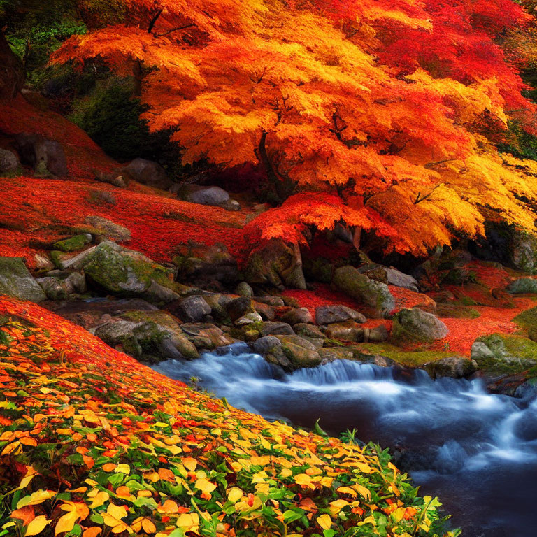 Colorful autumn leaves cascade over rocky stream in forest