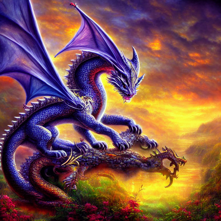 Blue dragon with expansive wings in vivid sunset landscape