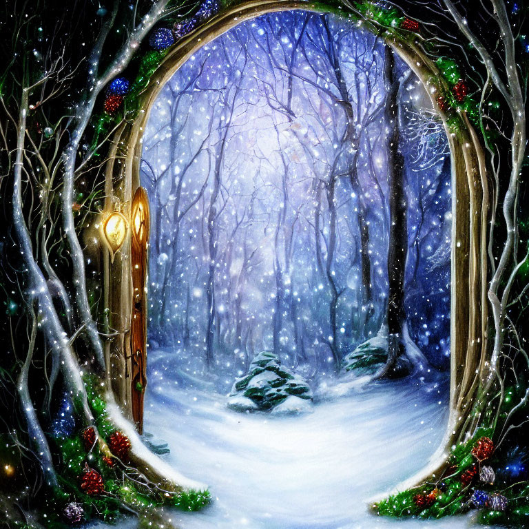 Winter forest scene with glowing doorway and festive decorations